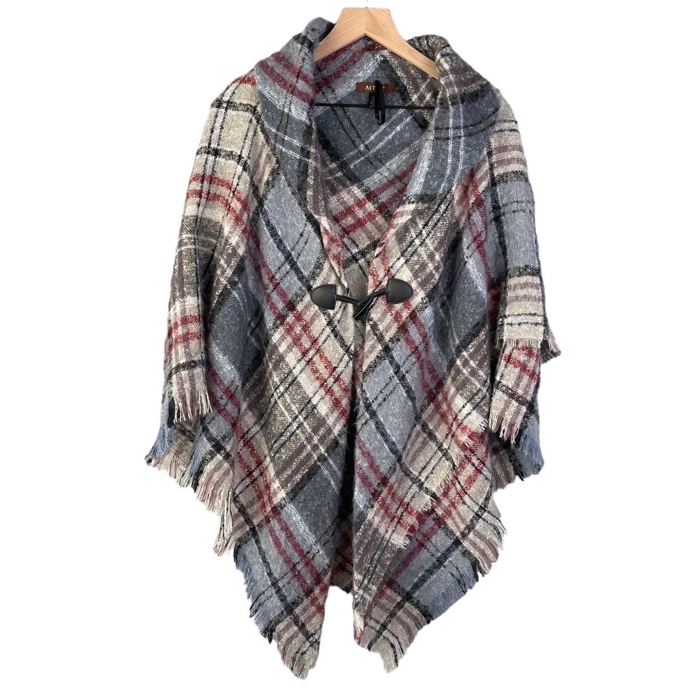 Altar Pancho Womens One Size‎ Houndstooth Loose Fit Kamono Raw Hem Soft